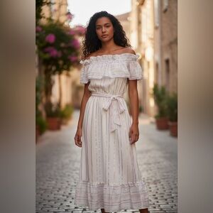 A La Plage Cinq a Sept Off the Shoulder Ruffle Metallic Stripe Dress Size S